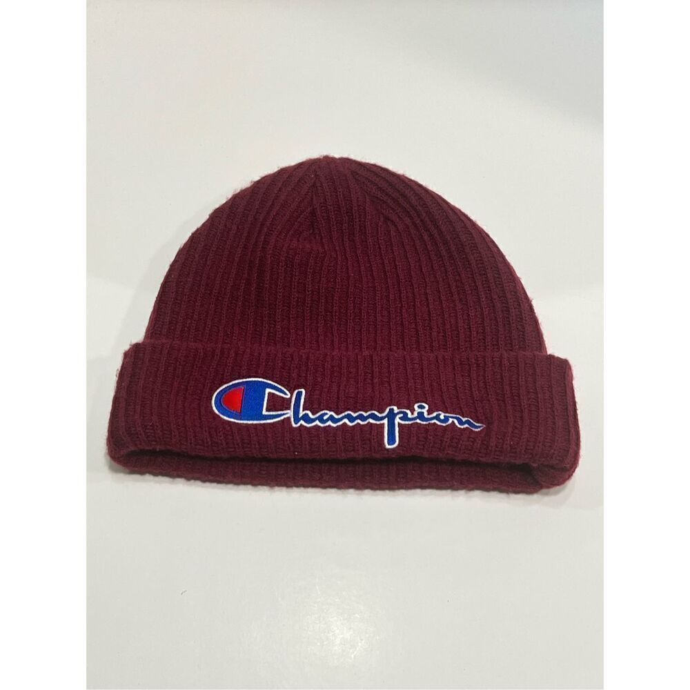 Champion Unisex Beanie Hat Burgundy Embroidered Logo One Size Adult
